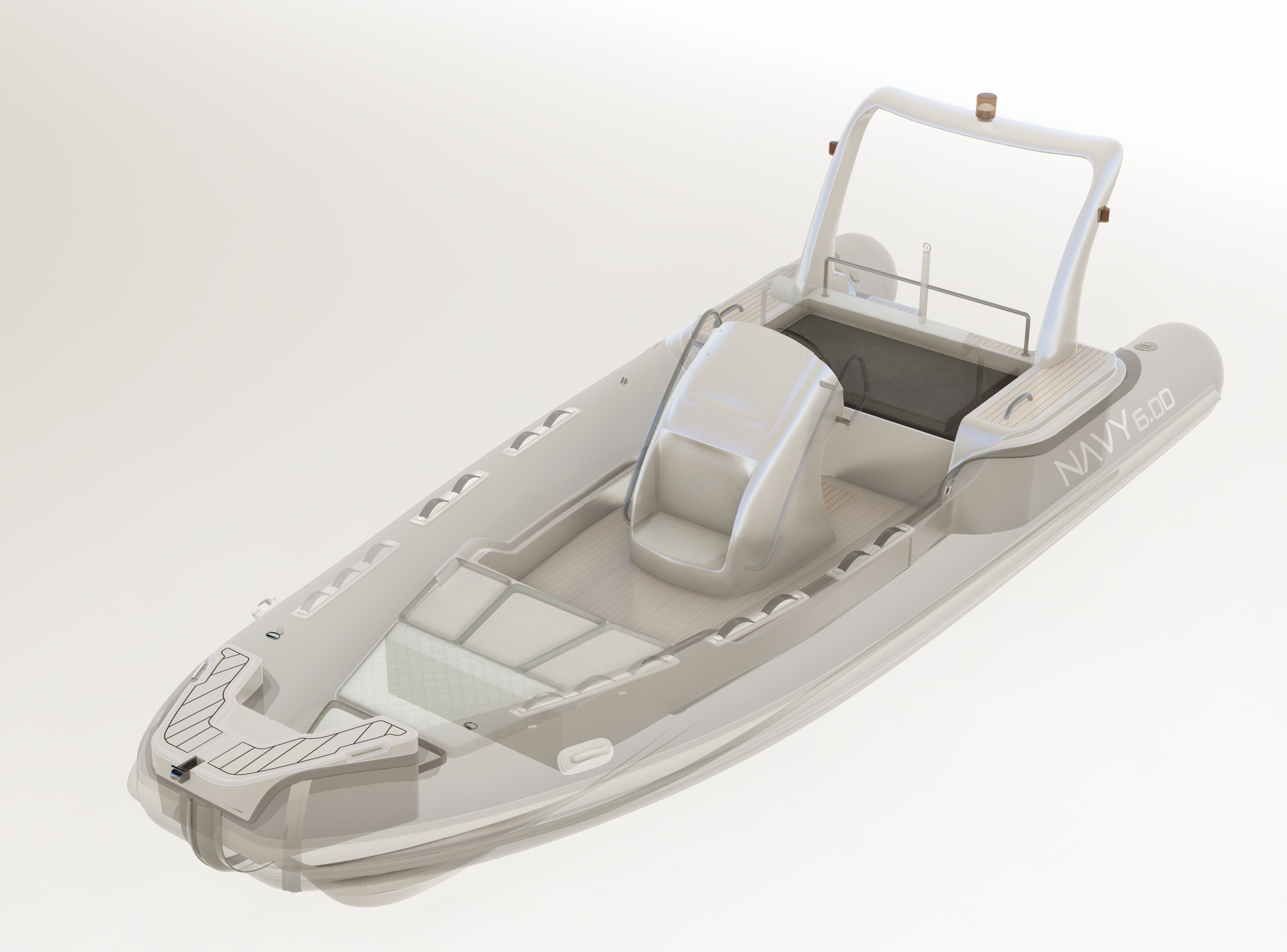 Naviglia vision: the NAVY 6.00 in light transparency, with inner moulding, lockers, console and roll bar