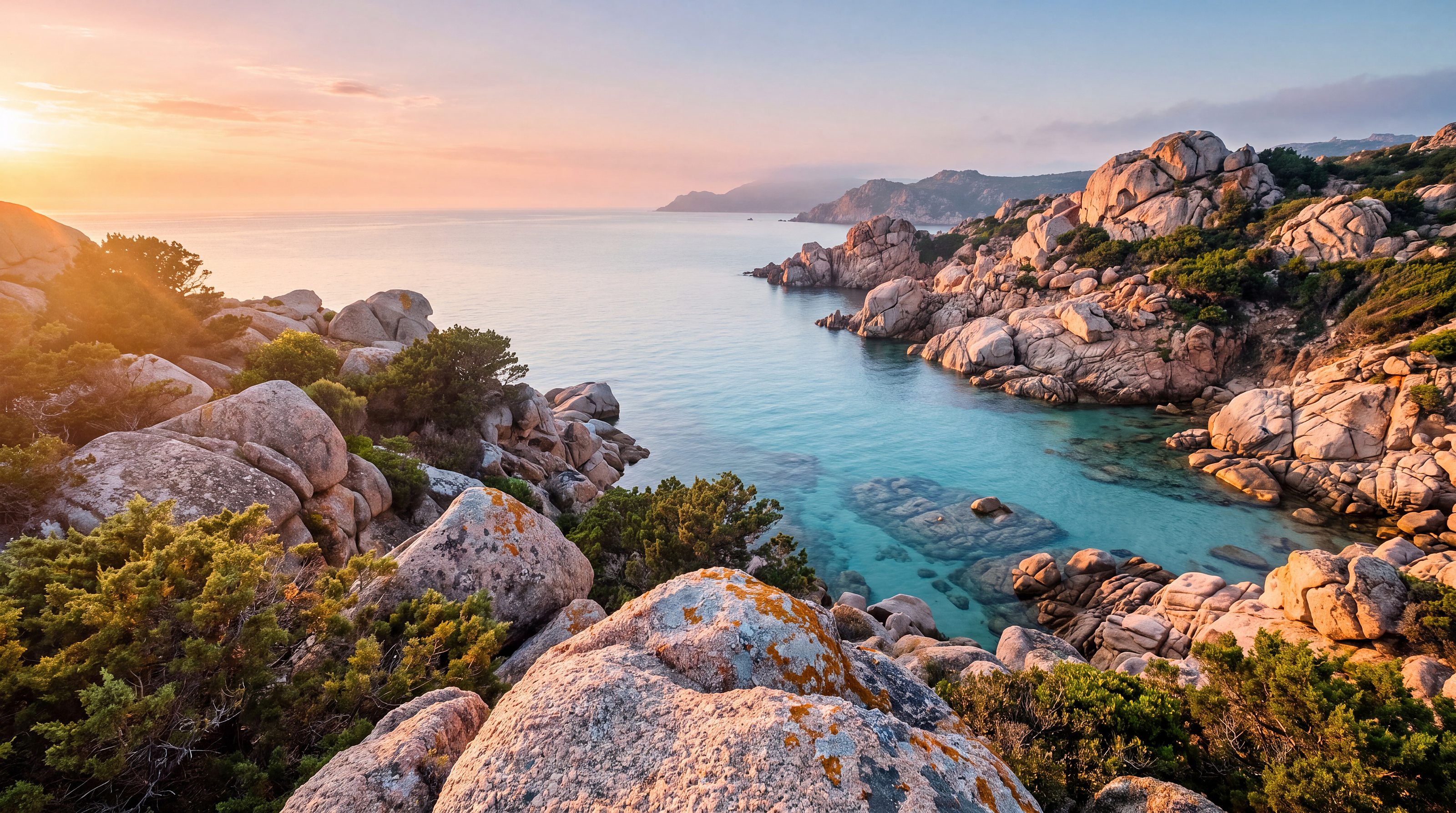 Visione Naviglia: una costa di granito rosa al tramonto sopra una cala d'acqua turchese, nessuna barca