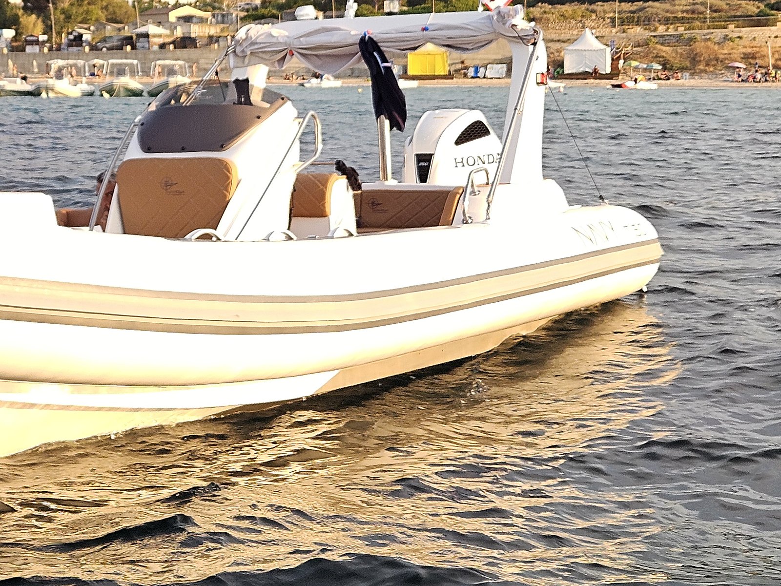 NAVY 7.60 cockpit seen from the water: console, quilted tan seats and roll bar with bimini