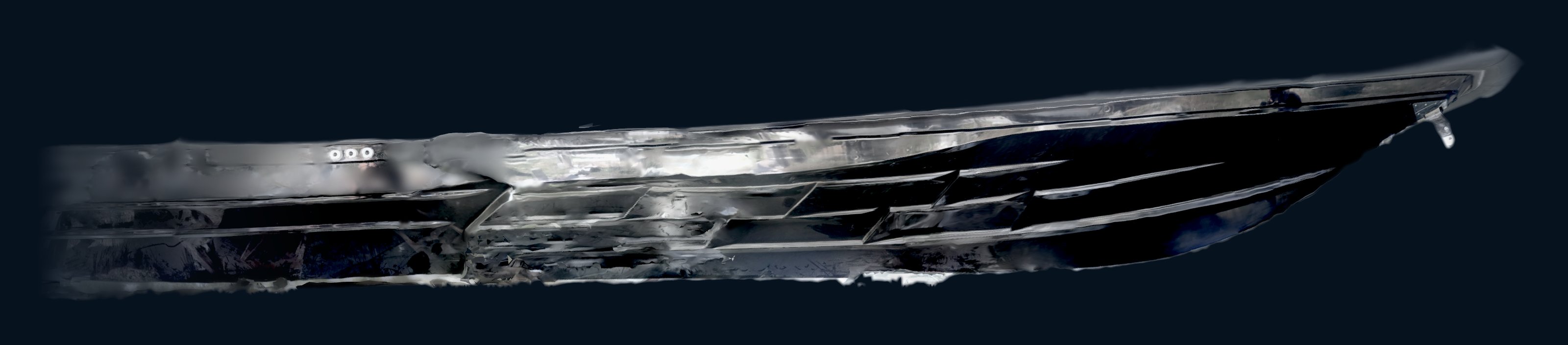 Three-dimensional scan of the real hull of the NAVY 9.50, seen from the side: the line of the strakes, broken by the steps