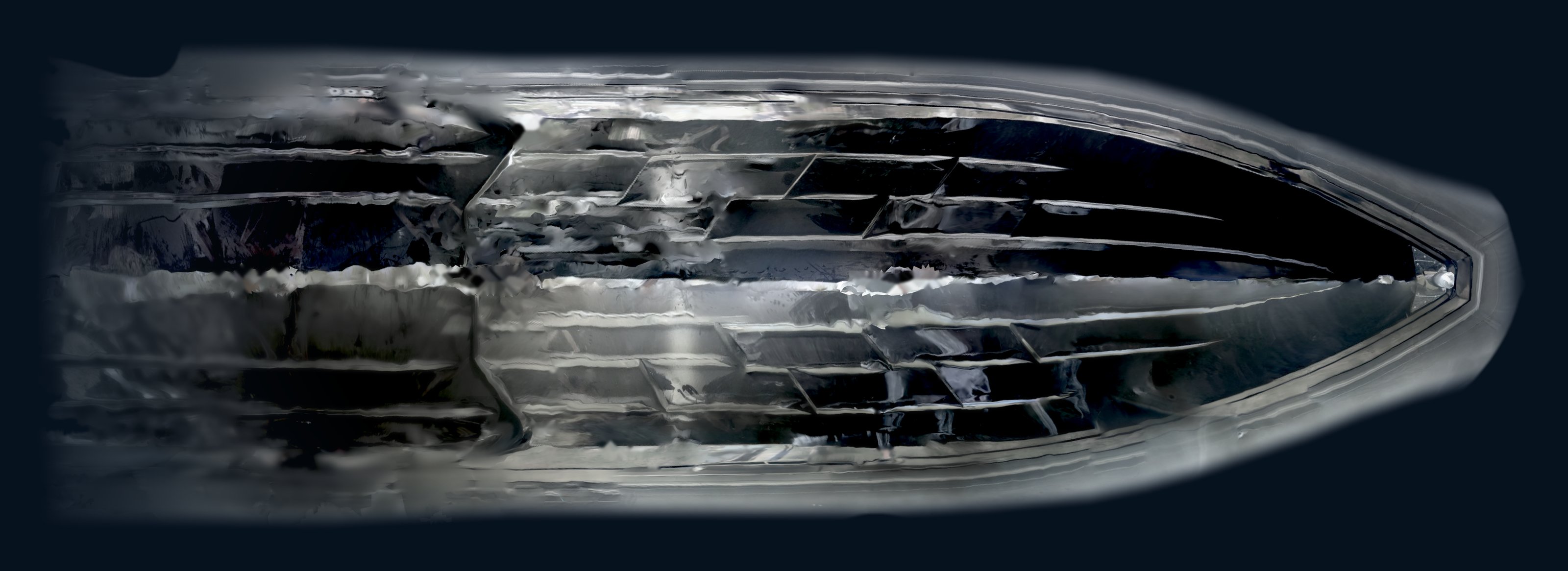 Three-dimensional scan of the real hull of the NAVY 9.50, seen from below: the keel in the middle, the strakes either side and the two transverse steps