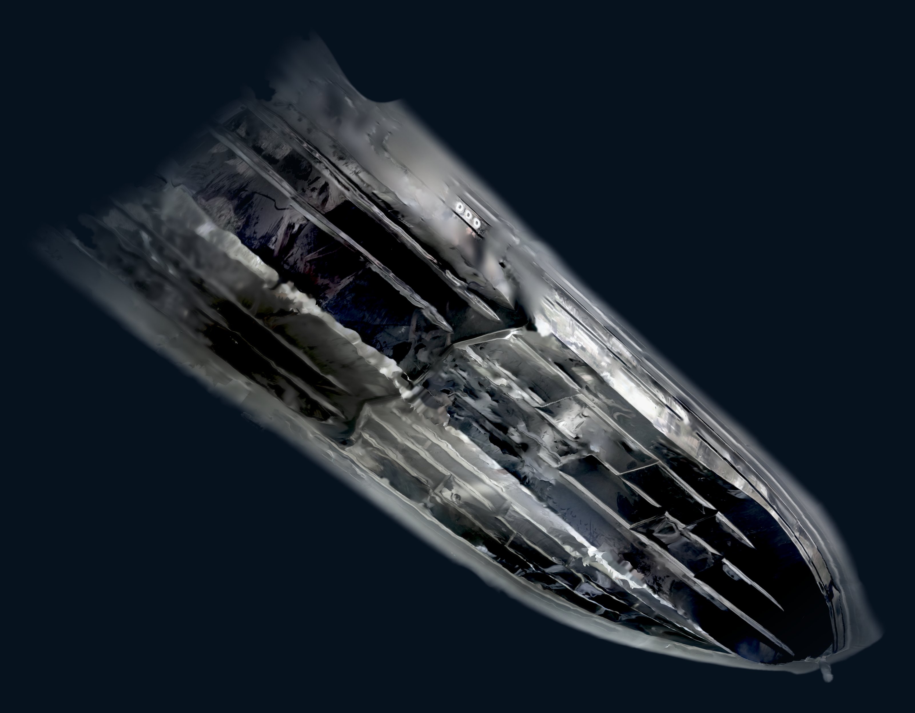 Three-dimensional scan of the real hull of the NAVY 9.50 seen three-quarters from below and astern: the black V bottom, the strakes running towards the bow and the steps where they break off