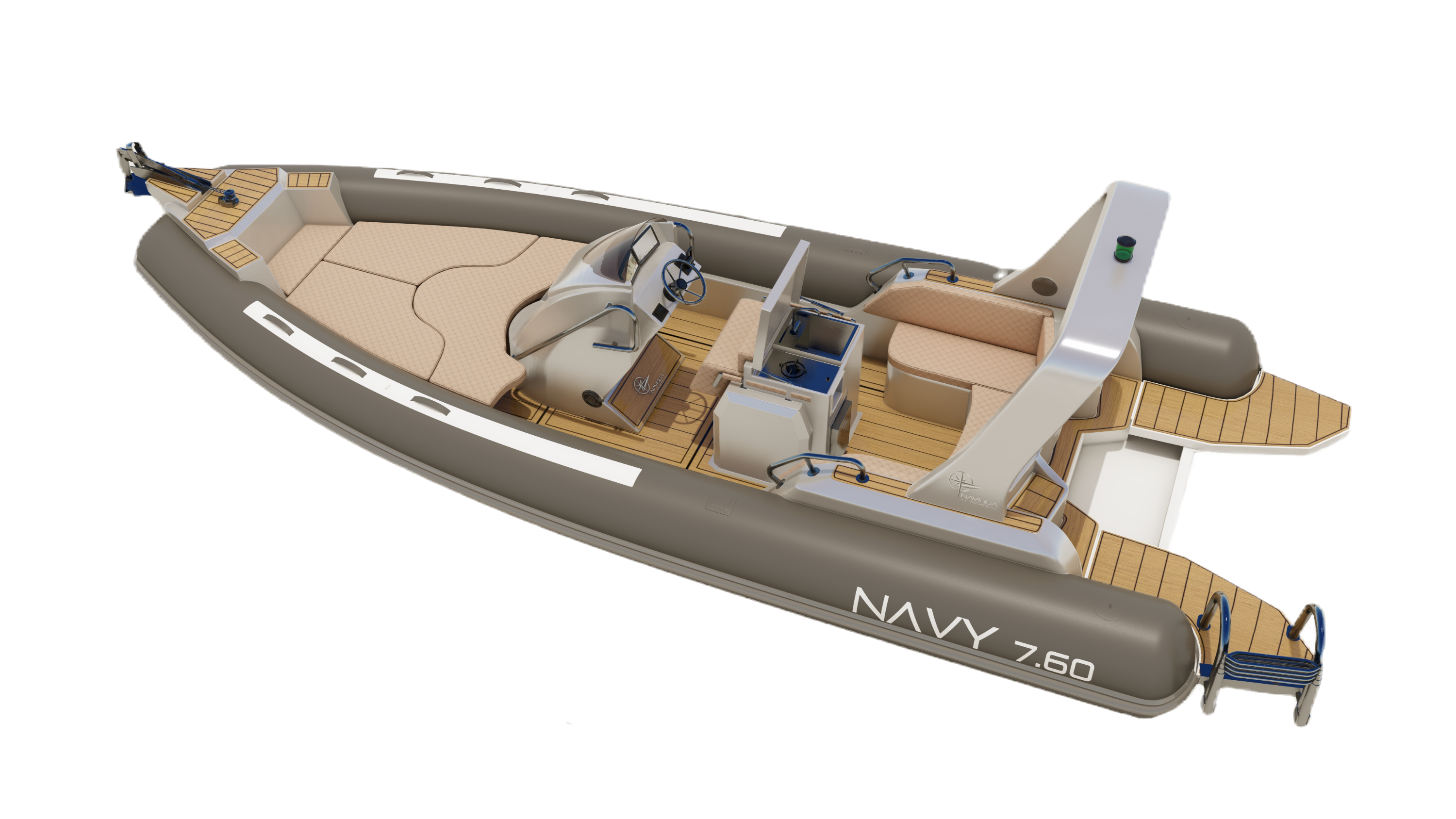 Visione Naviglia: il NAVY 7.60 completo, visto di tre quarti dall'alto: tubolari grigi con la scritta NAVY 7.60, coperta effetto teak, consolle, mobile di guida, divano di poppa e roll-bar