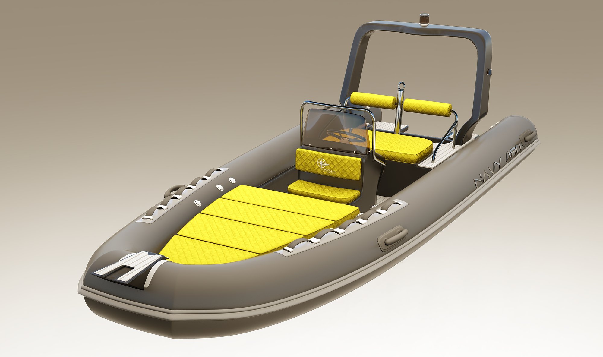 NAVY 4.80, variante con tubolari grigio tortora, cuscineria gialla e roll-bar antracite