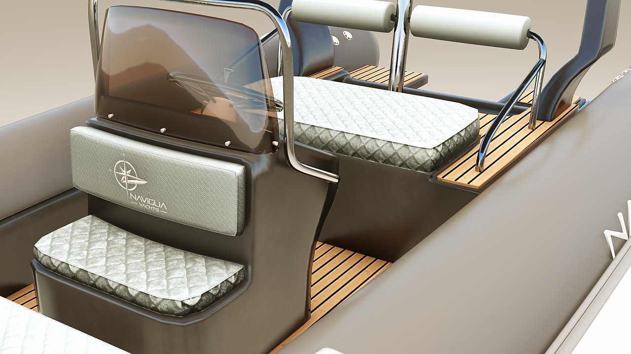Console del NAVY 4.80 con seduta frontale e logo Naviglia Yachts sullo schienale
