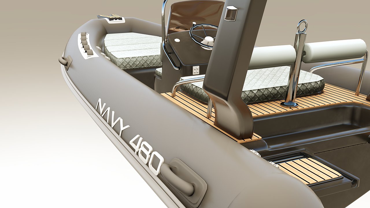 NAVY 4.80 visto da poppa lungo il tubolare, con scritta NAVY 480 e console