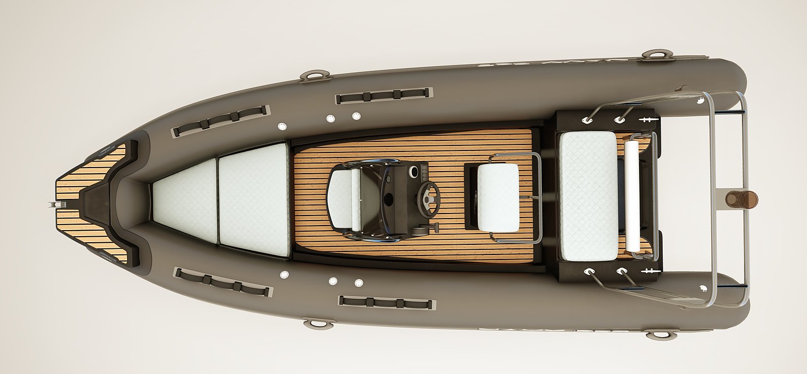 NAVY 4.80 visto dall'alto: prendisole di prua, console, teak e divanetto di poppa