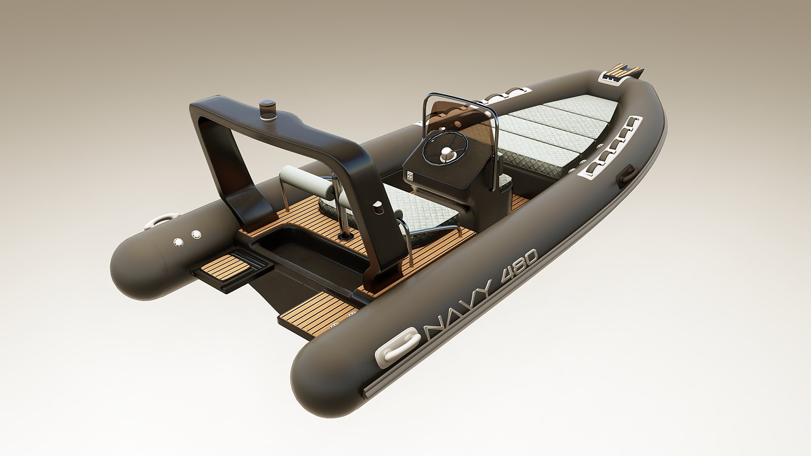 NAVY 4.80 di tre quarti da poppa: roll-bar, spiaggette in teak e scritta NAVY 480