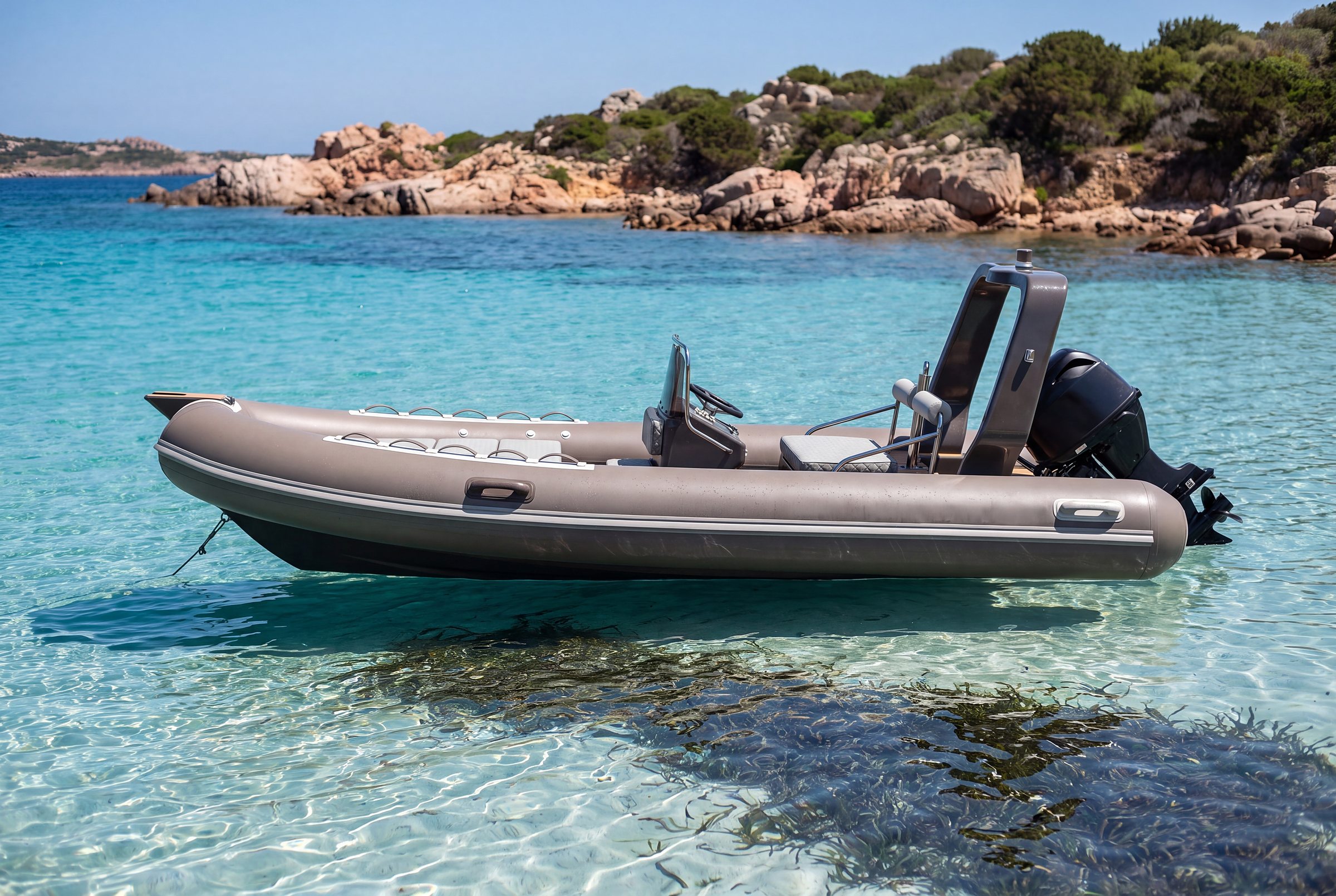 Naviglia vision: the NAVY 4.80 in profile at anchor in a cove, on shallow turquoise water