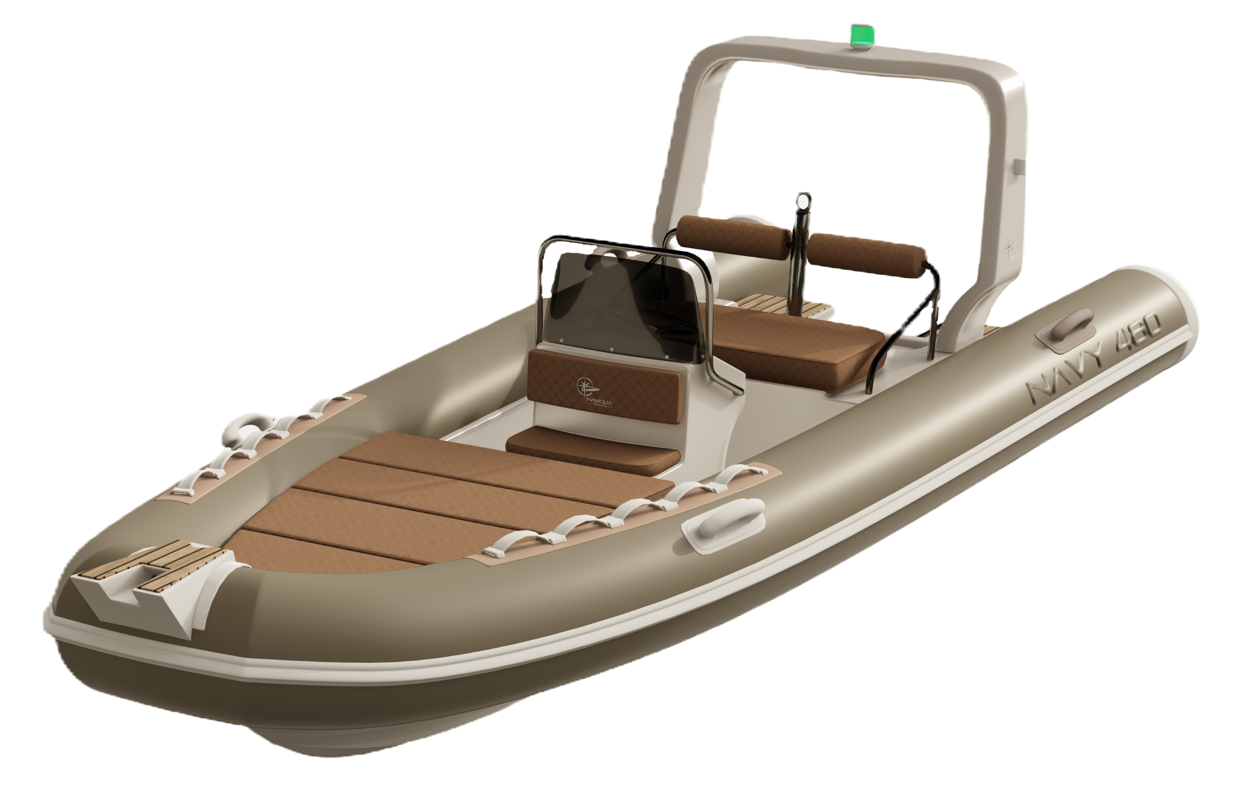 NAVY 4.80 scontornato di tre quarti da prua, tubolari sabbia e roll-bar bianco