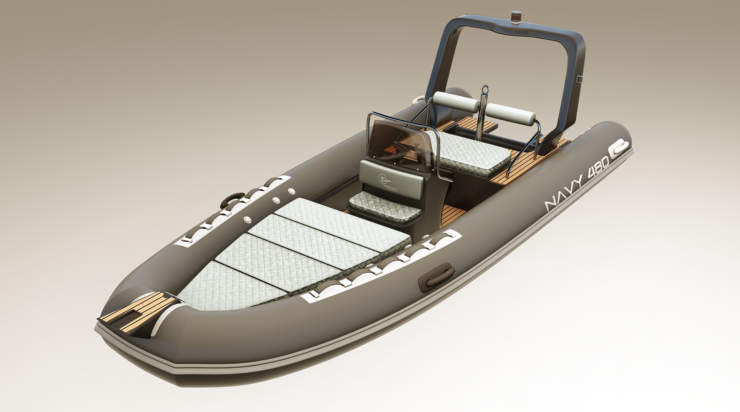 Naviglia vision: the NAVY 4.80 from the bow quarter, with the sunpad, the console and the dark roll bar
