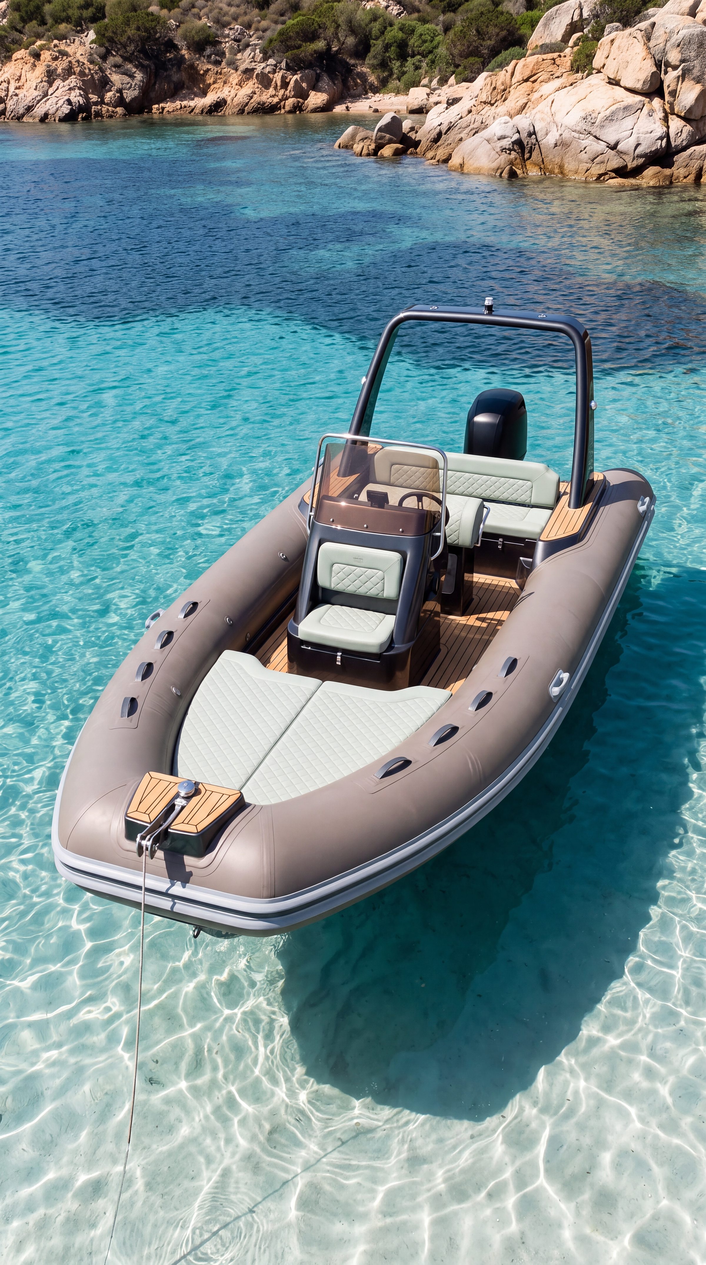 Naviglia vision: the NAVY 4.80 at anchor in a granite cove, clear turquoise water, seen from above