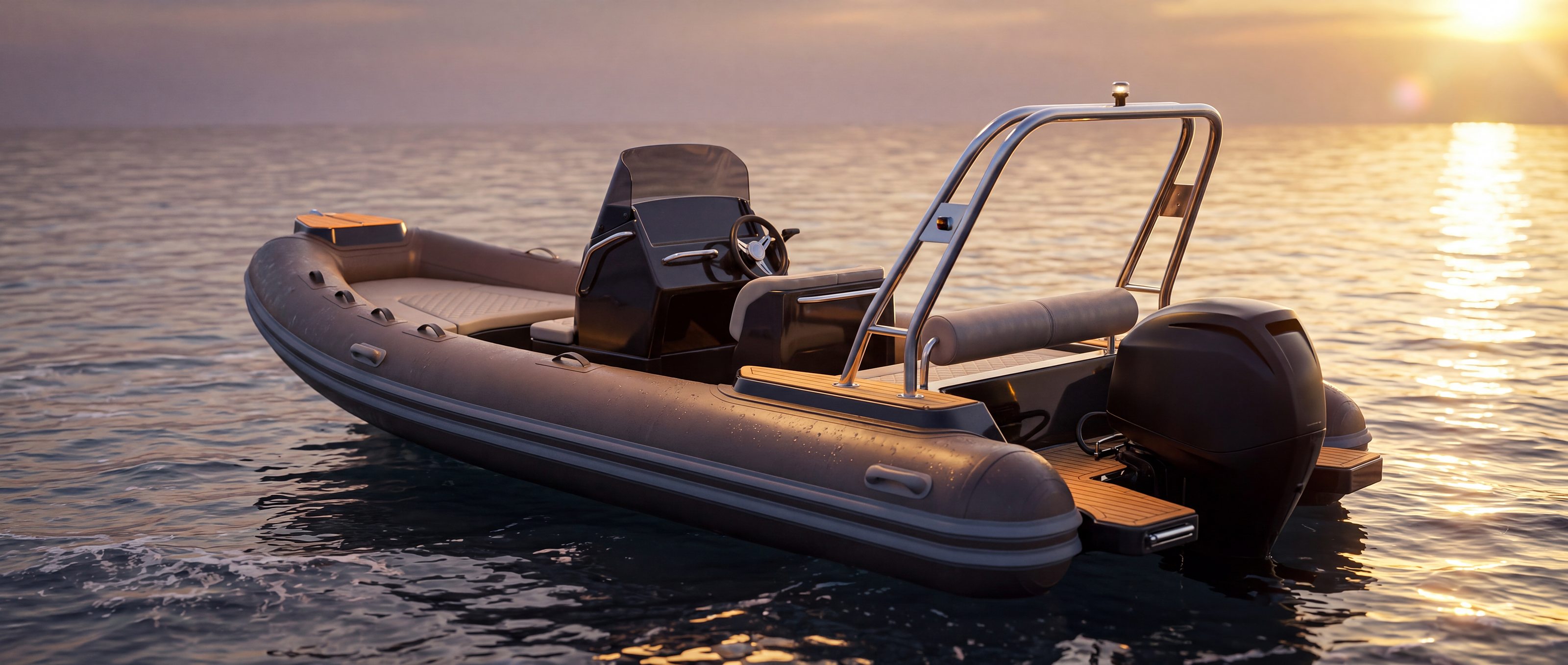 Naviglia vision: the NAVY 5.50 seen from the stern at sunset, with its stainless roll-bar, teak platforms and outboard