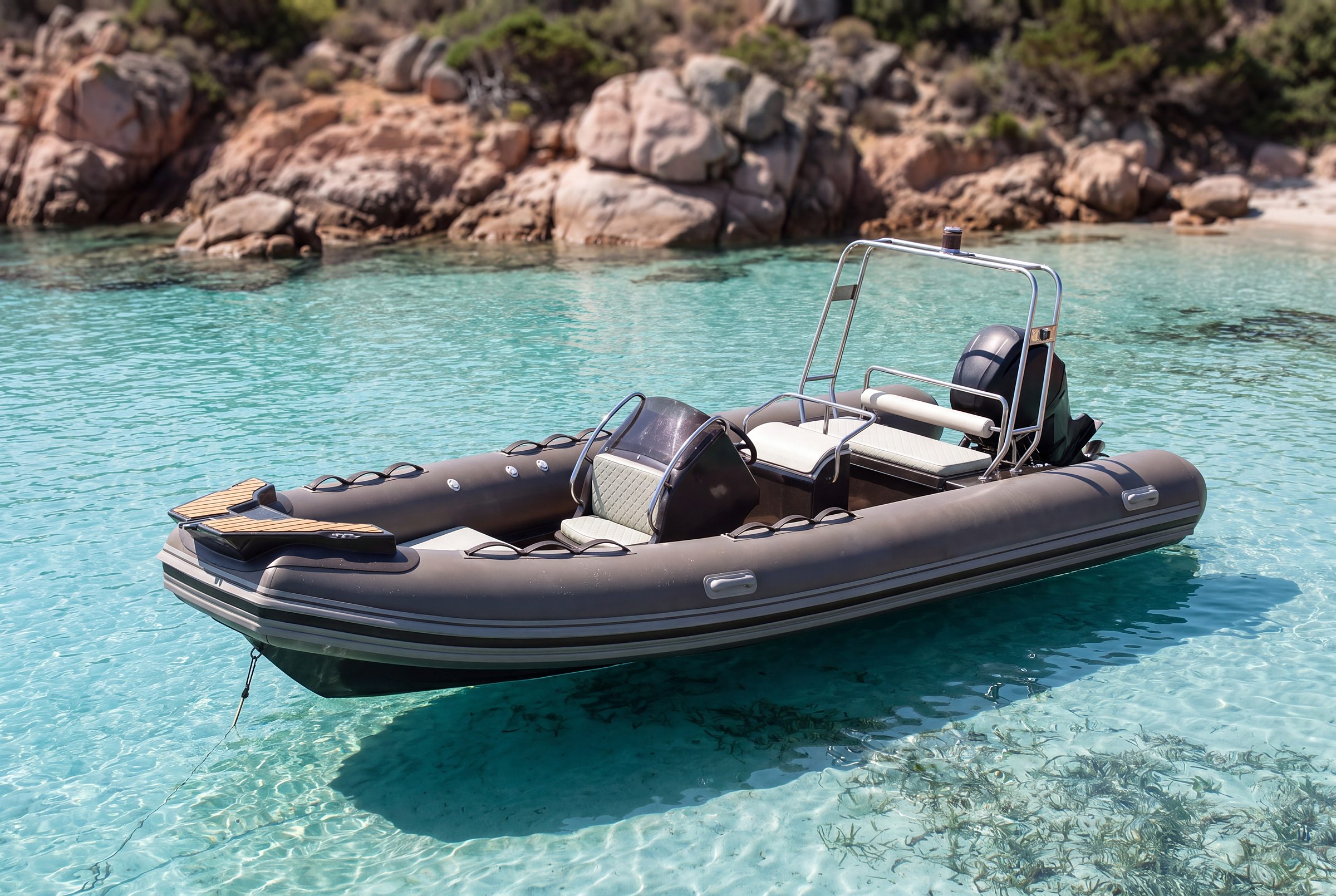 Naviglia vision: the NAVY 5.50 at anchor in a pink granite cove, on shallow turquoise water