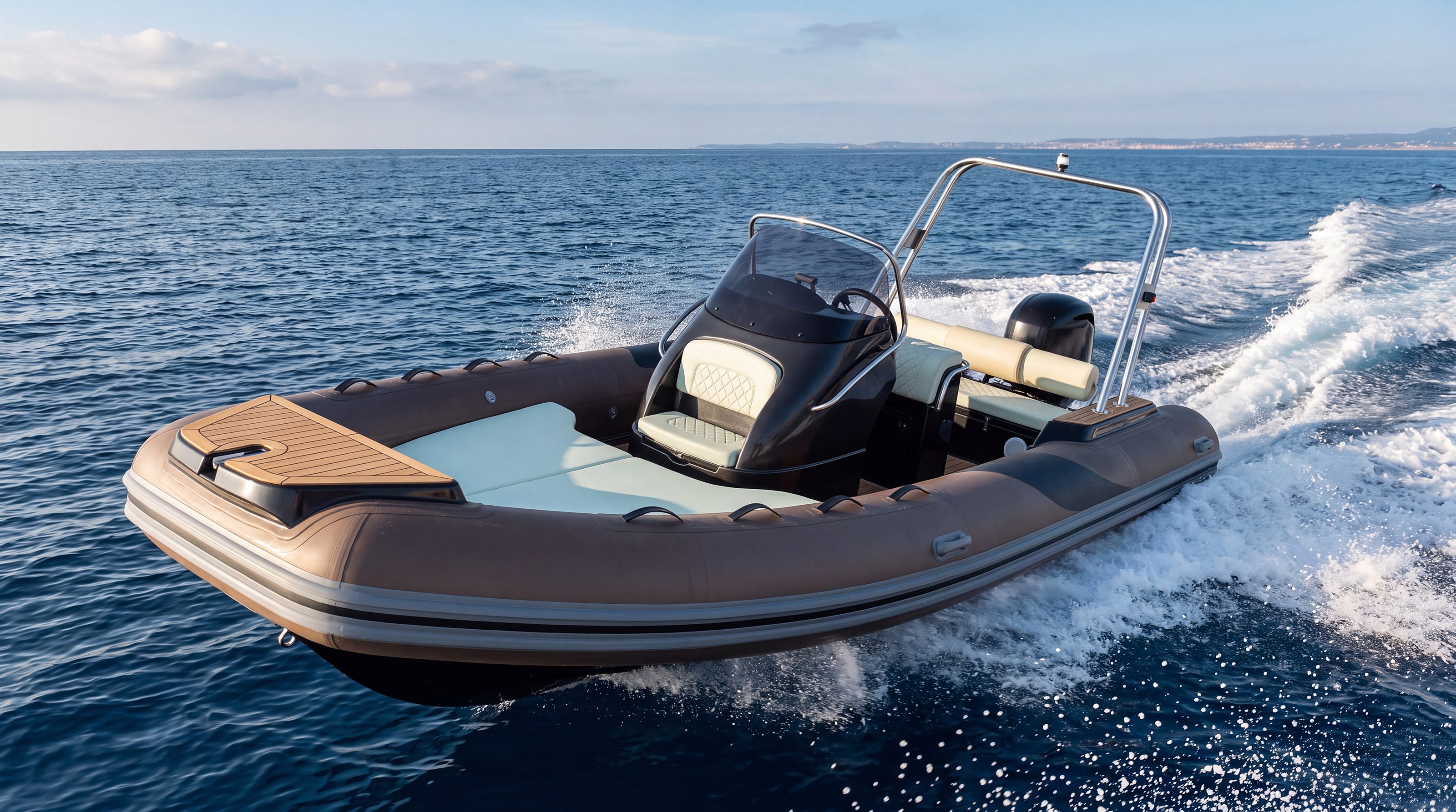 Naviglia vision: the NAVY 5.50 under way in the morning, bow three-quarter view, with the bow sunpad, the dark console and the stainless roll-bar