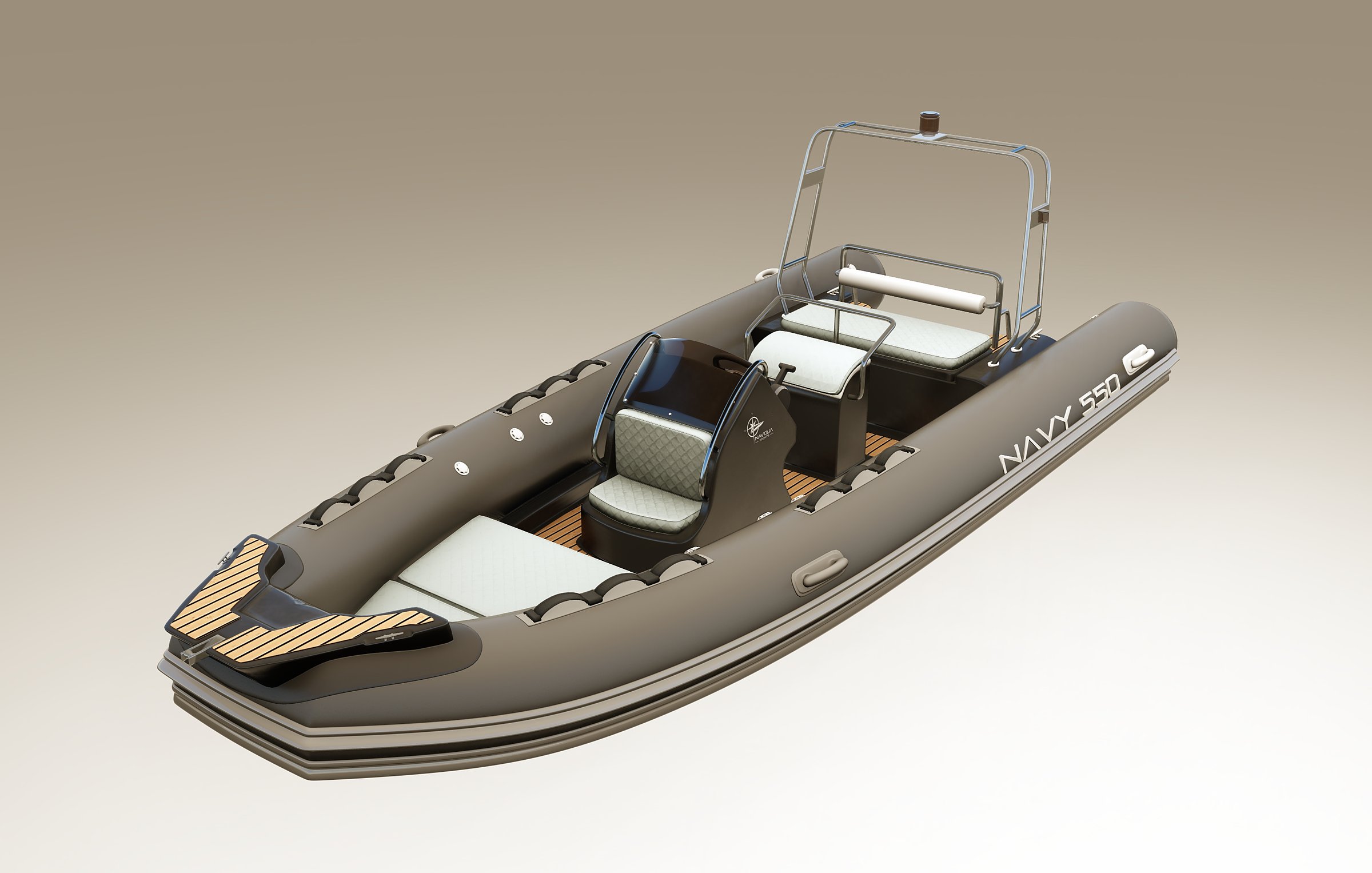 Naviglia vision: the NAVY 5.50 from the bow quarter, with the teak-effect bow, the black console and the steel roll bar