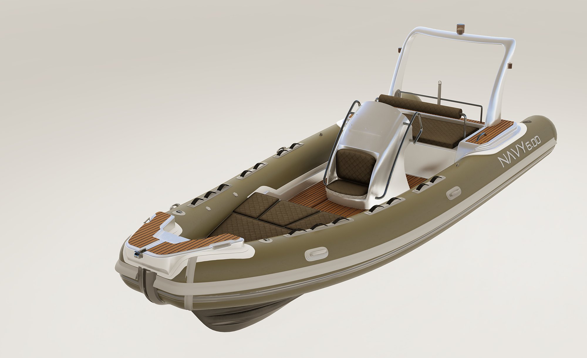 NAVY 6.00, variante con tubolari verde oliva, console bianca e cuscineria testa di moro