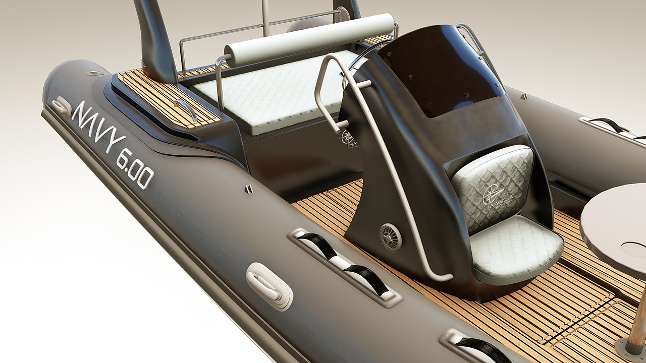 Console nera del NAVY 6.00 con seduta trapuntata e scritta NAVY 6.00 sul tubolare
