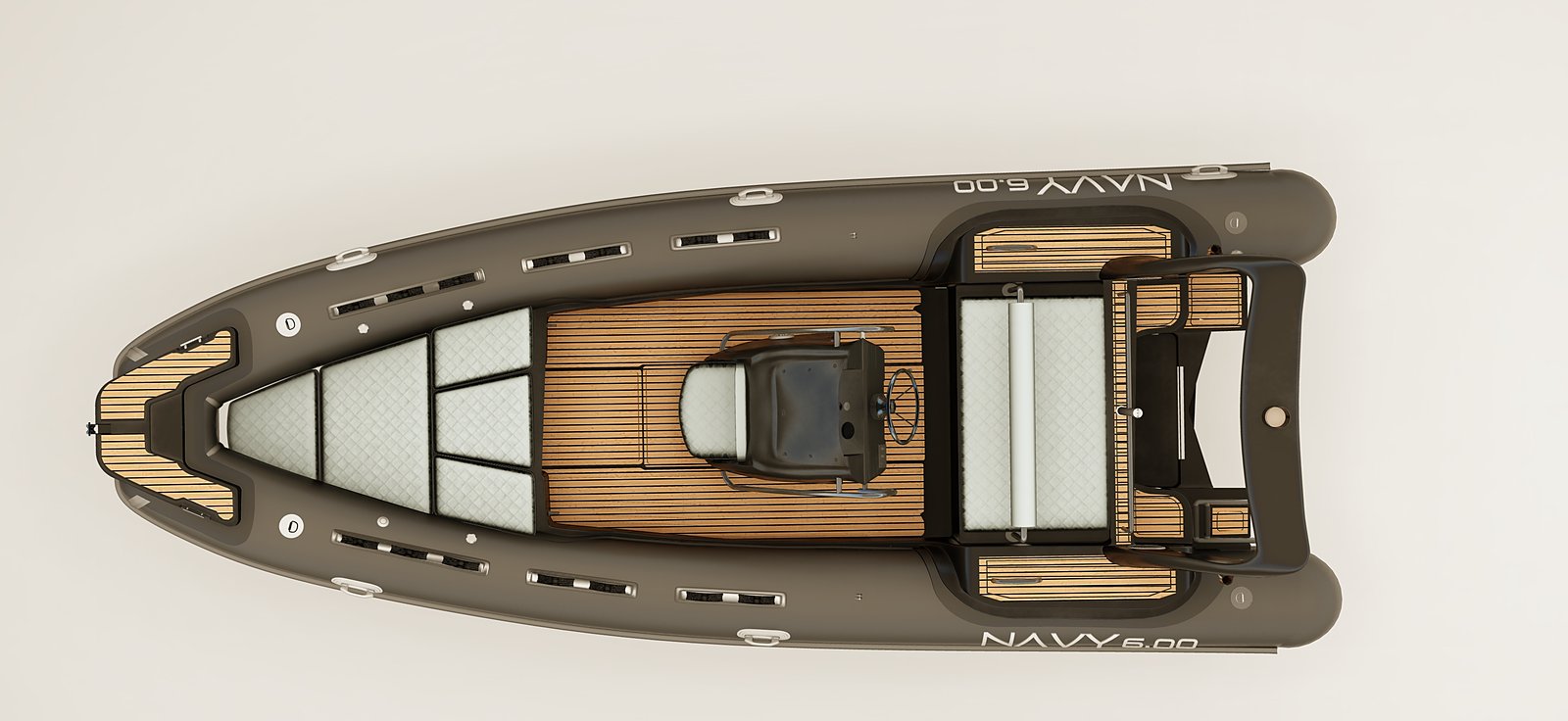 NAVY 6.00 visto dall'alto: prendisole a settori, console, teak e divano di poppa