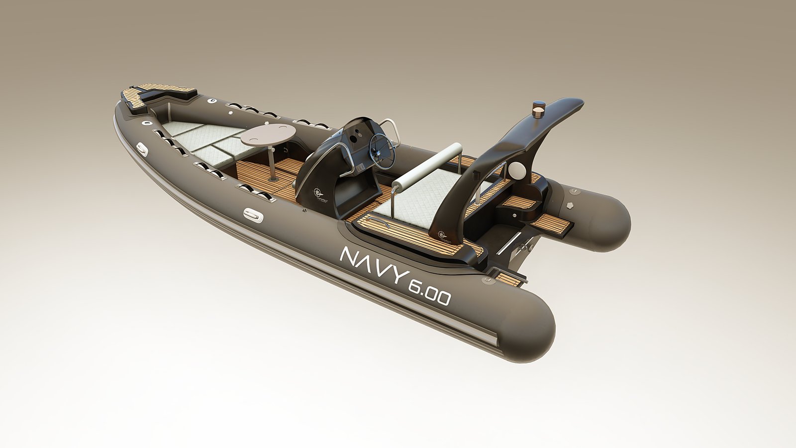 NAVY 6.00 di tre quarti da poppa con scritta NAVY 6.00, roll-bar e tavolino a prua