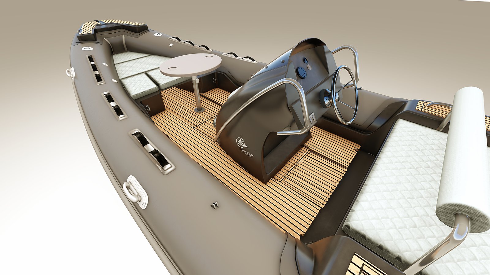 NAVY 6.00 da prua: tavolino, console con volante e strumenti, divano di poppa
