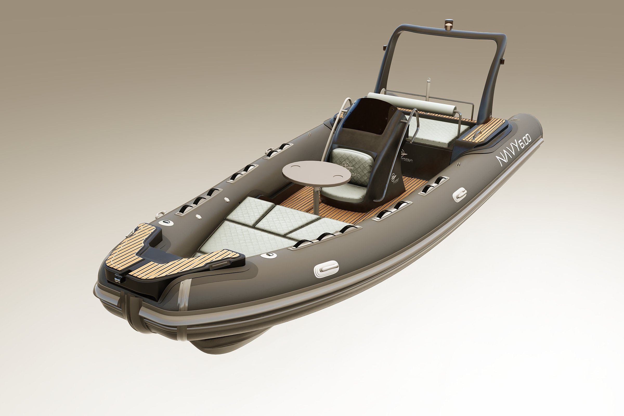 Naviglia vision: the NAVY 6.00 from the bow quarter, with the table, the black console and the black roll bar
