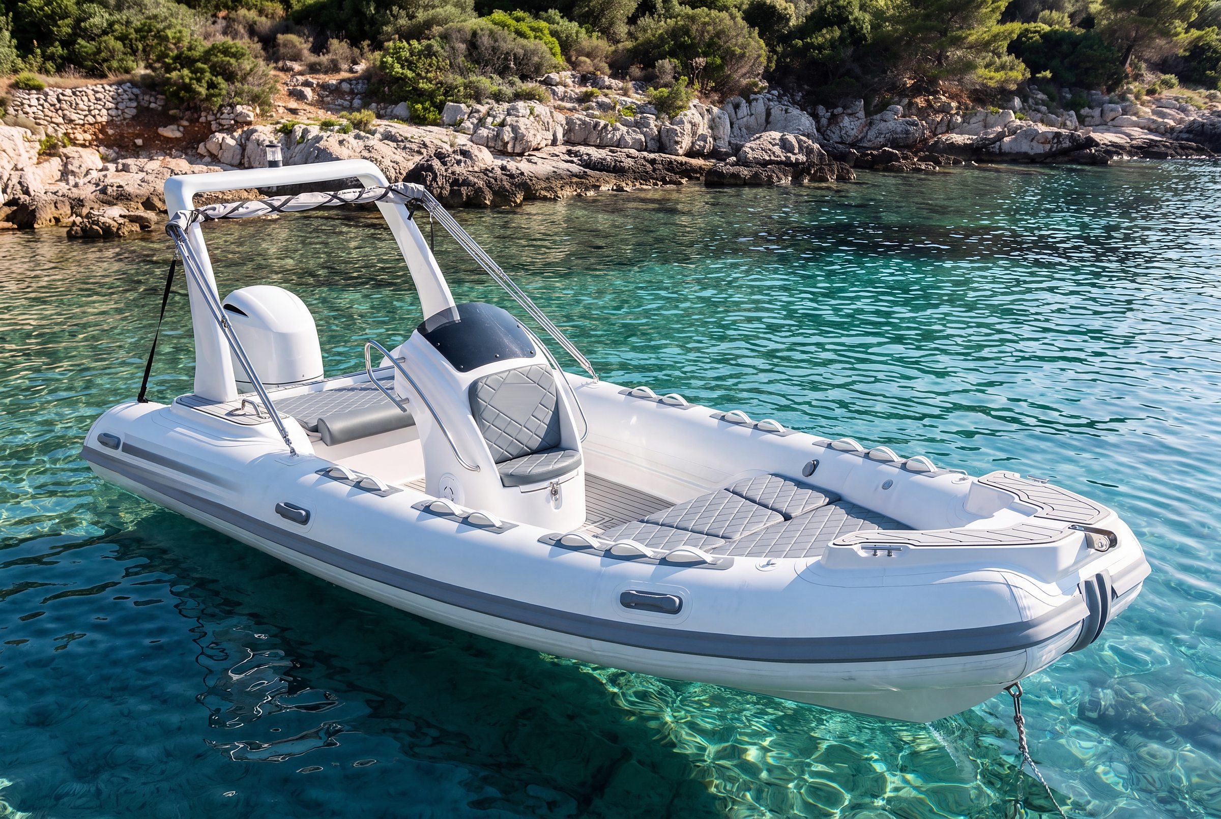Naviglia vision: the white NAVY 6.00 at anchor in a cove, three-quarters from the bow