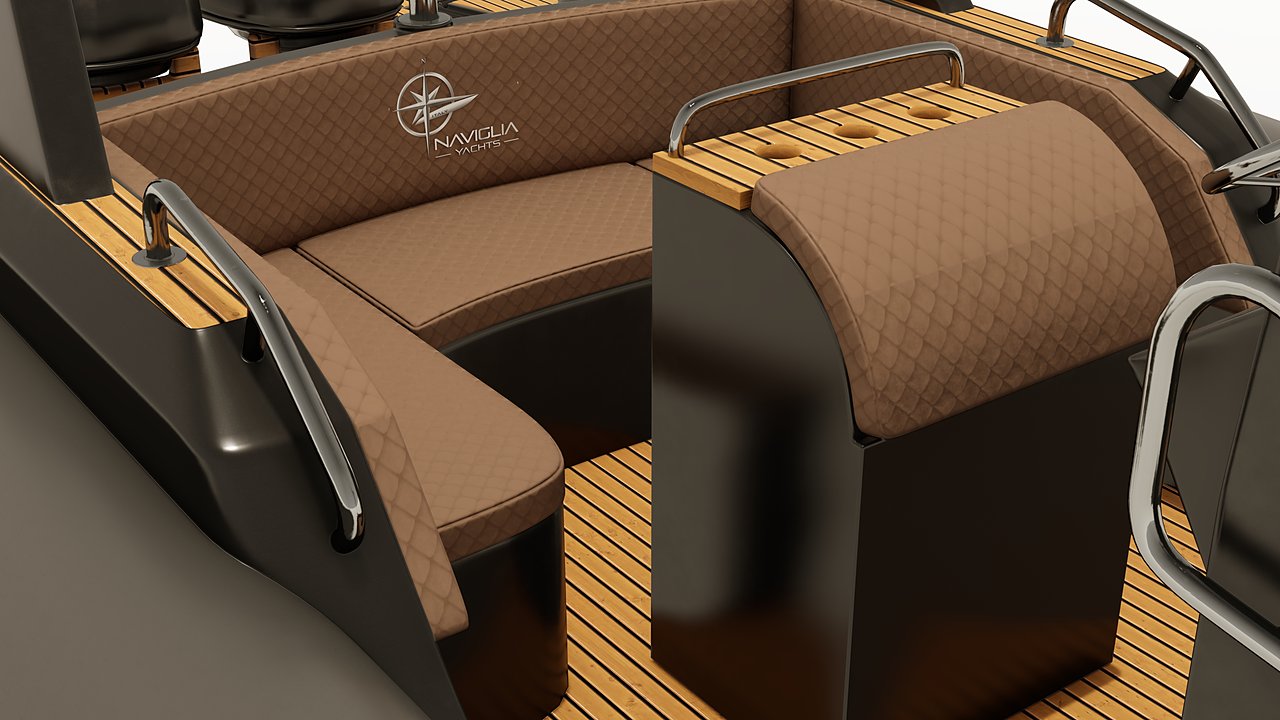 Visione Naviglia: un divano di poppa NAVY a U color cuoio con il logo Naviglia Yachts e il mobile con i portabicchieri