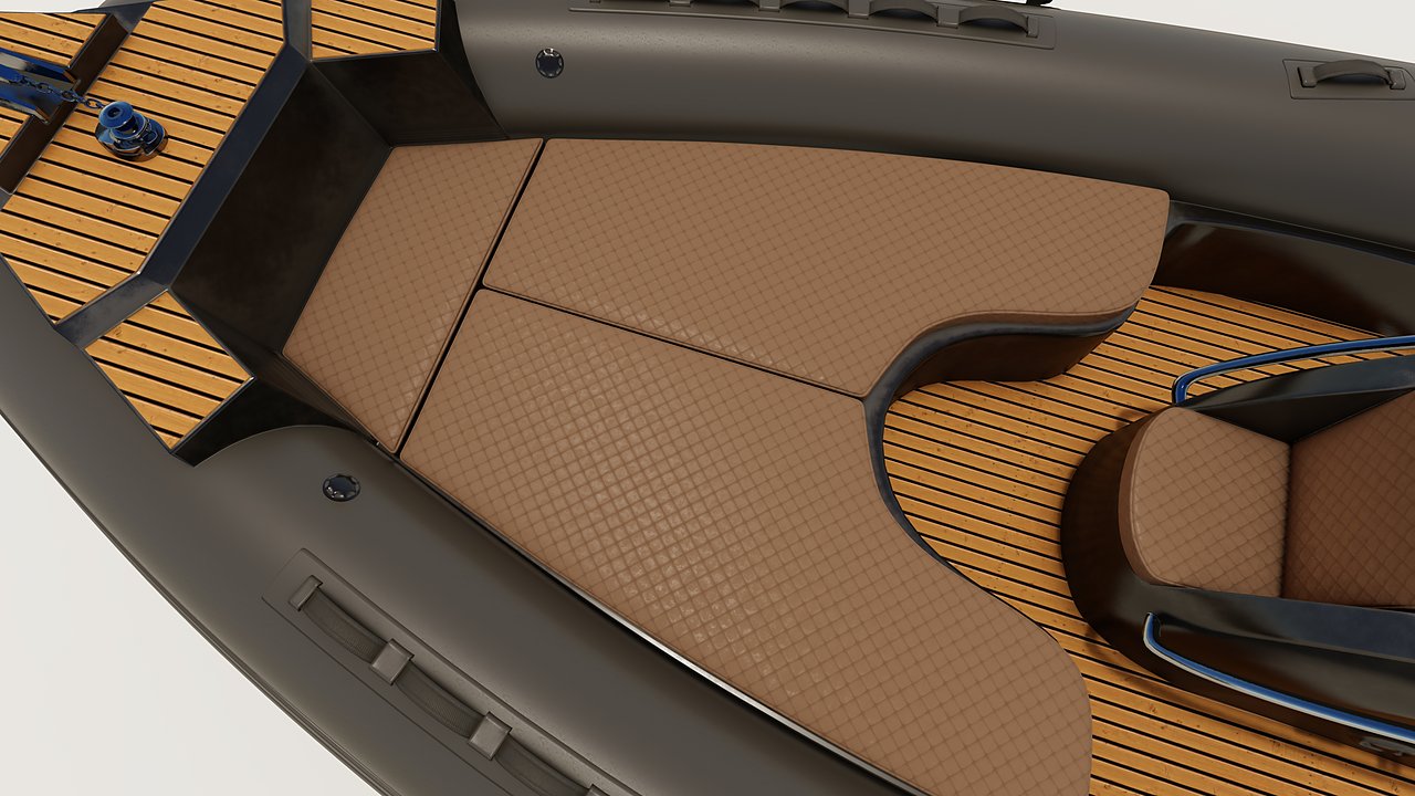 Naviglia vision: the quilted tan bow sunpad of the NAVY 6.60, between the teak-effect deck and the anthracite tubes