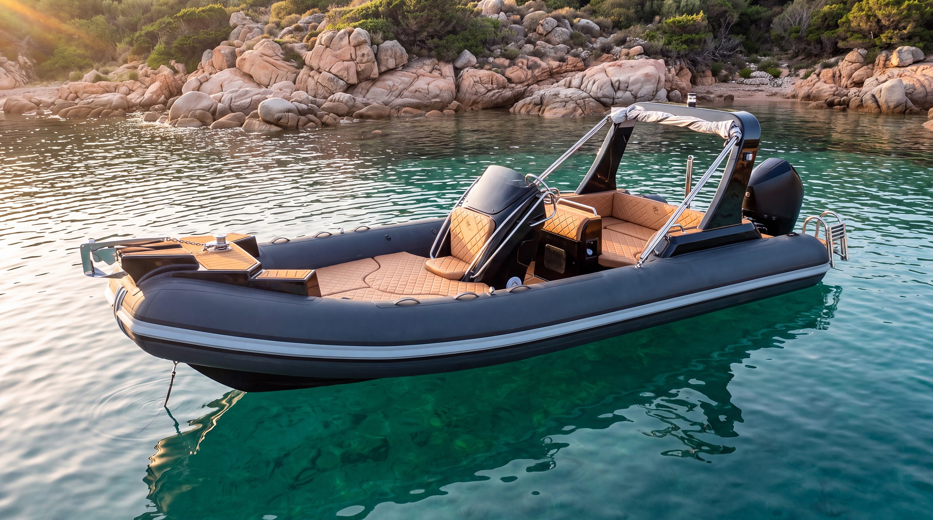Naviglia vision: the anthracite NAVY 7.60 with tan upholstery at anchor in a granite cove, with the outboard at the stern
