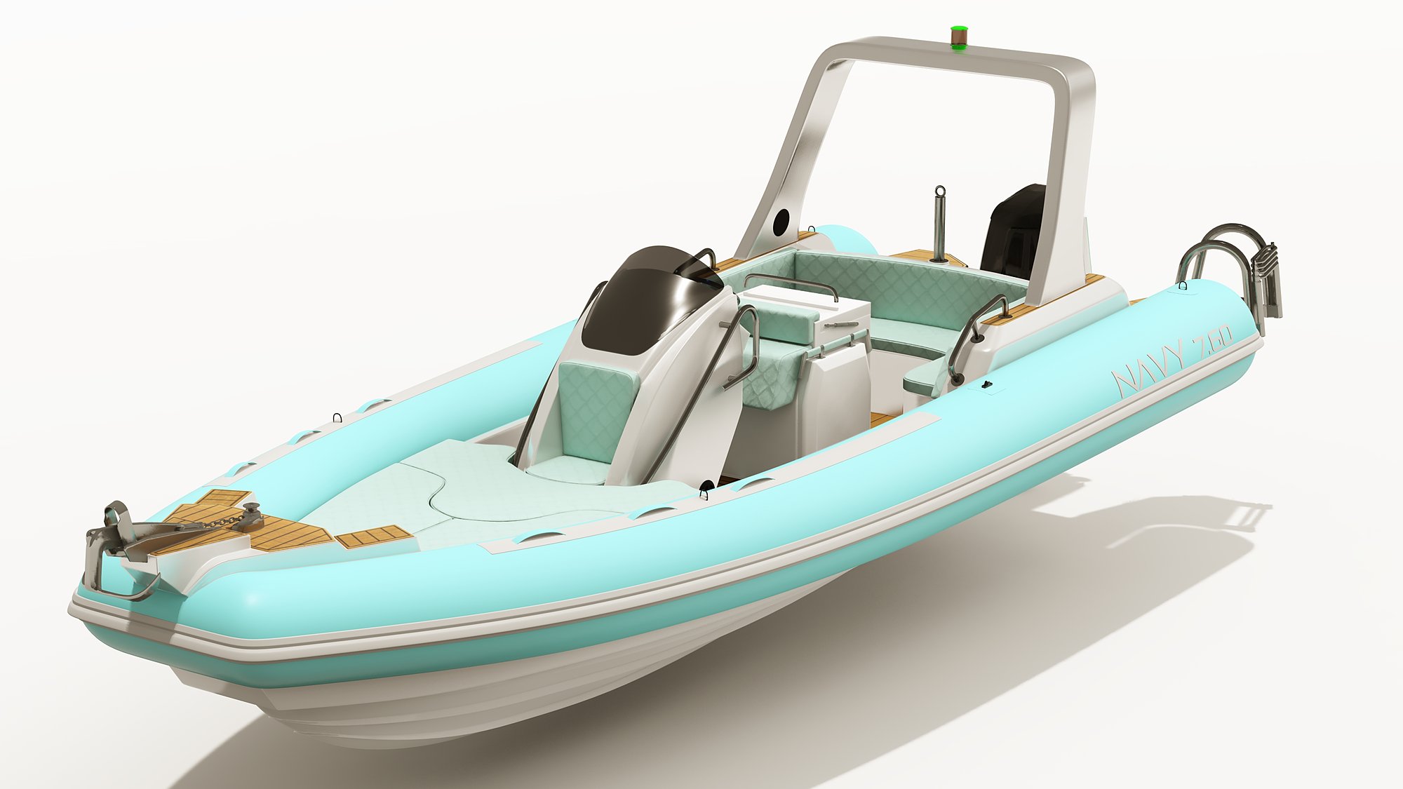Visione Naviglia: il NAVY 7.60 con tubolari turchese, cuscineria verde acqua chiaro e roll bar grigio