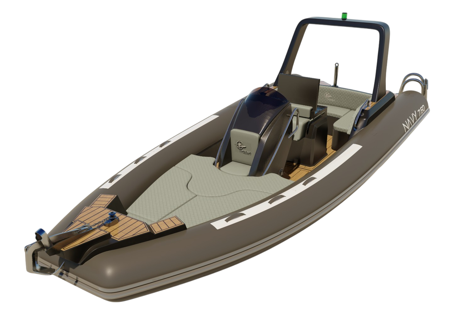 NAVY 7.60 scontornato di tre quarti da prua, tubolari grigio scuro e roll-bar nero