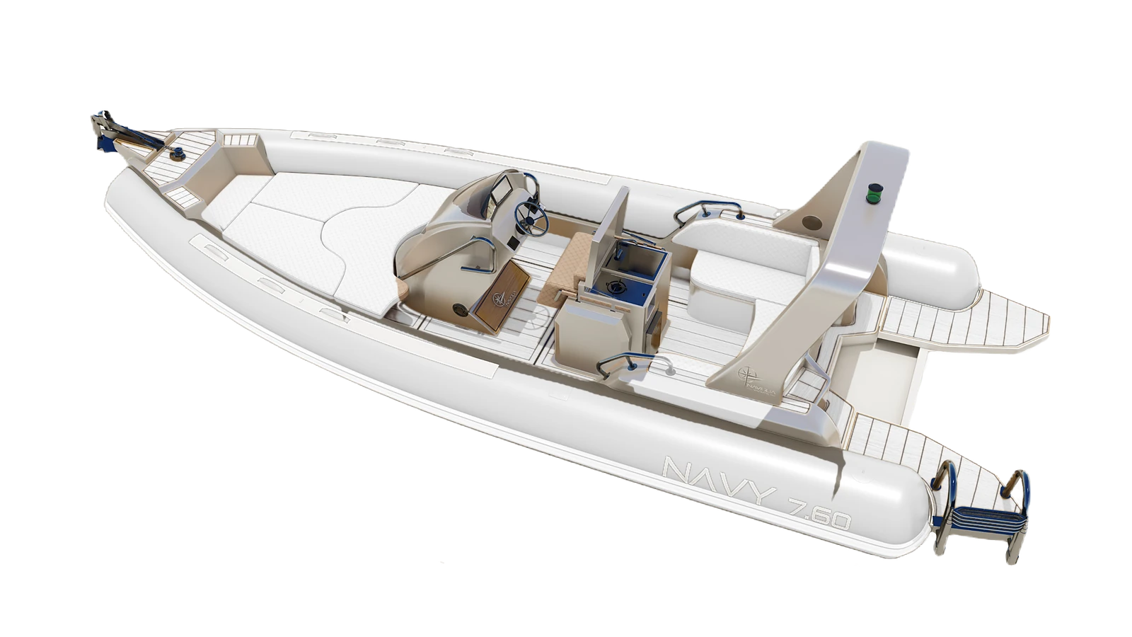 The NAVY 7.60 seen from above at three-quarters: the boat on which you try out the colours of tubes, fibreglass, teak and upholstery