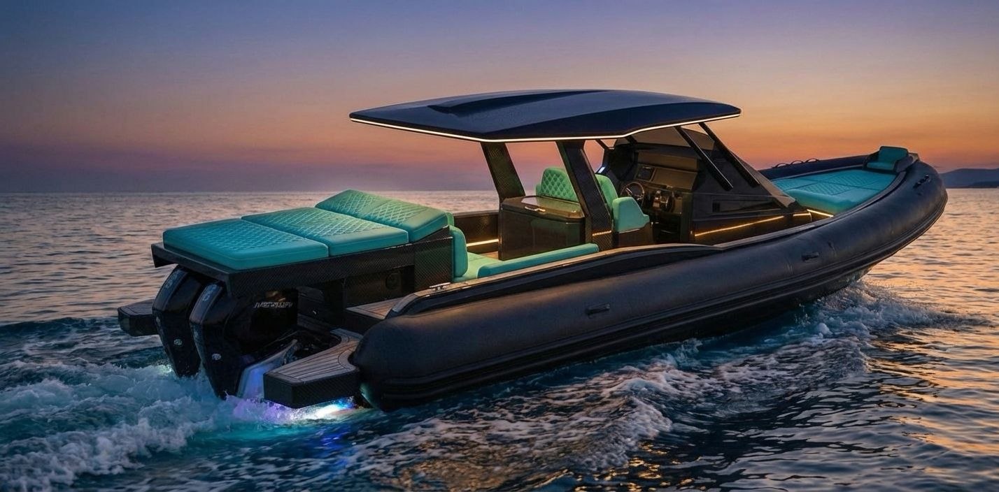 Naviglia vision, detail: the black NAVY 9.50 Cabin at sunset, with the quilted turquoise sunpad, the sofa, the helm and the hard-top edged in light