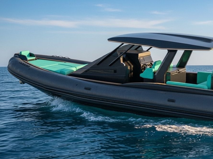 Naviglia vision, detail: the NAVY 9.50 Cabin by day on the open sea, from the bow to the hard-top, with the turquoise chaise longue, the black console and the helm seats