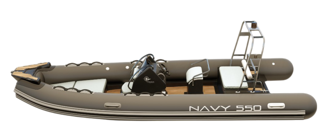 NAVY 5.50 di profilo, prua a sinistra: tubolari grigio scuro con la scritta NAVY 550, consolle nera, roll-bar in acciaio. Visione Naviglia