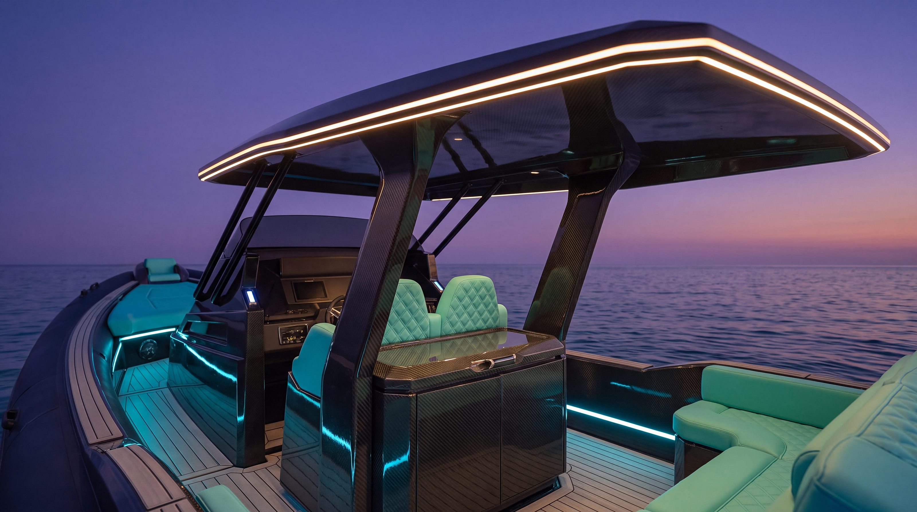 Naviglia vision: the helm of the new NAVY 9.50 Cabin at dusk, with the quilted turquoise seats, the dashboard, the hard-top pillars and the line of light along its edge