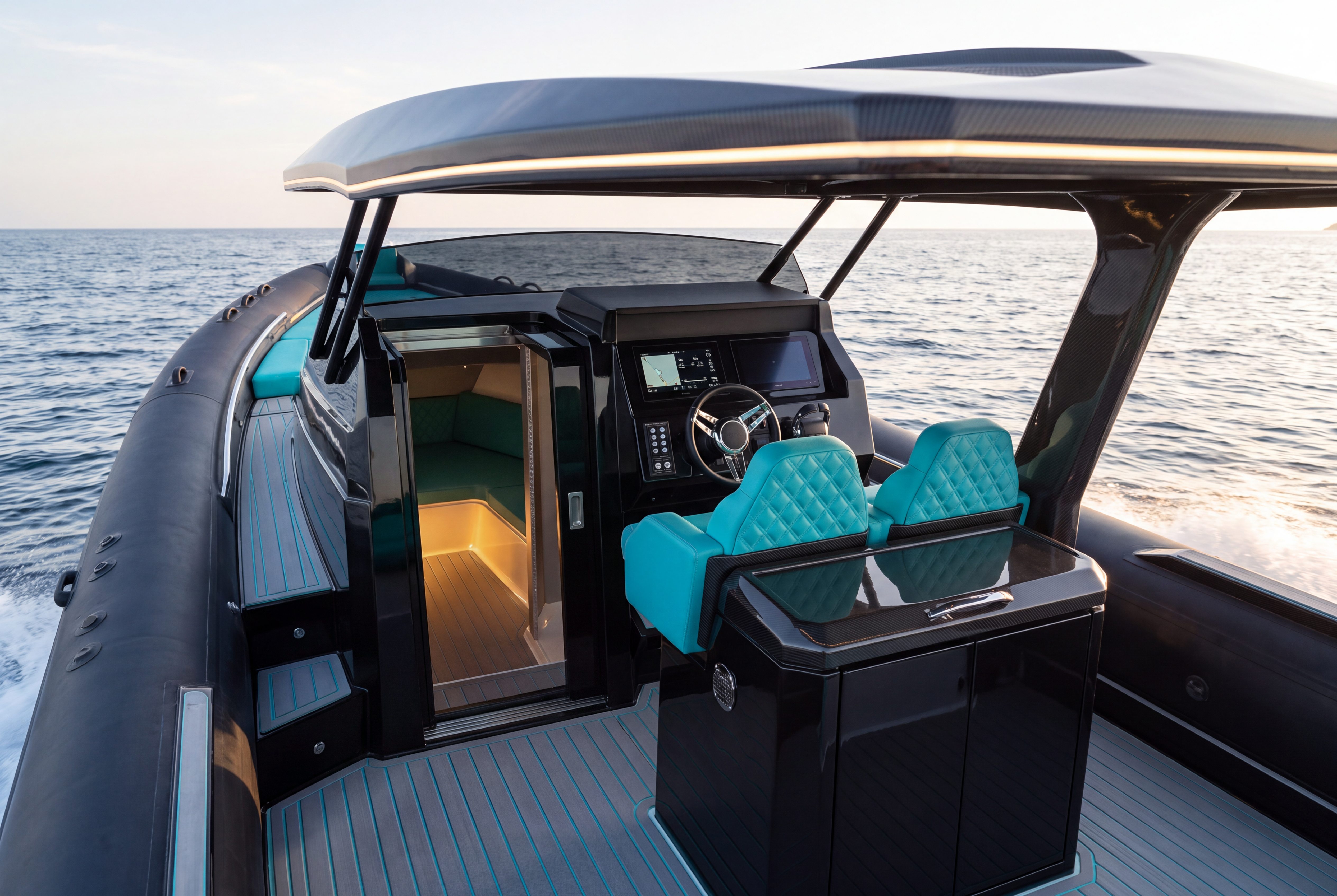 Naviglia vision: the helm of the new NAVY 9.50 Cabin under the hard-top, with the wheel on the right of the black dashboard, quilted turquoise helm seats, the outdoor galley behind them and, on the left, the sliding door drawn back into the console, with the steps down to the cabin