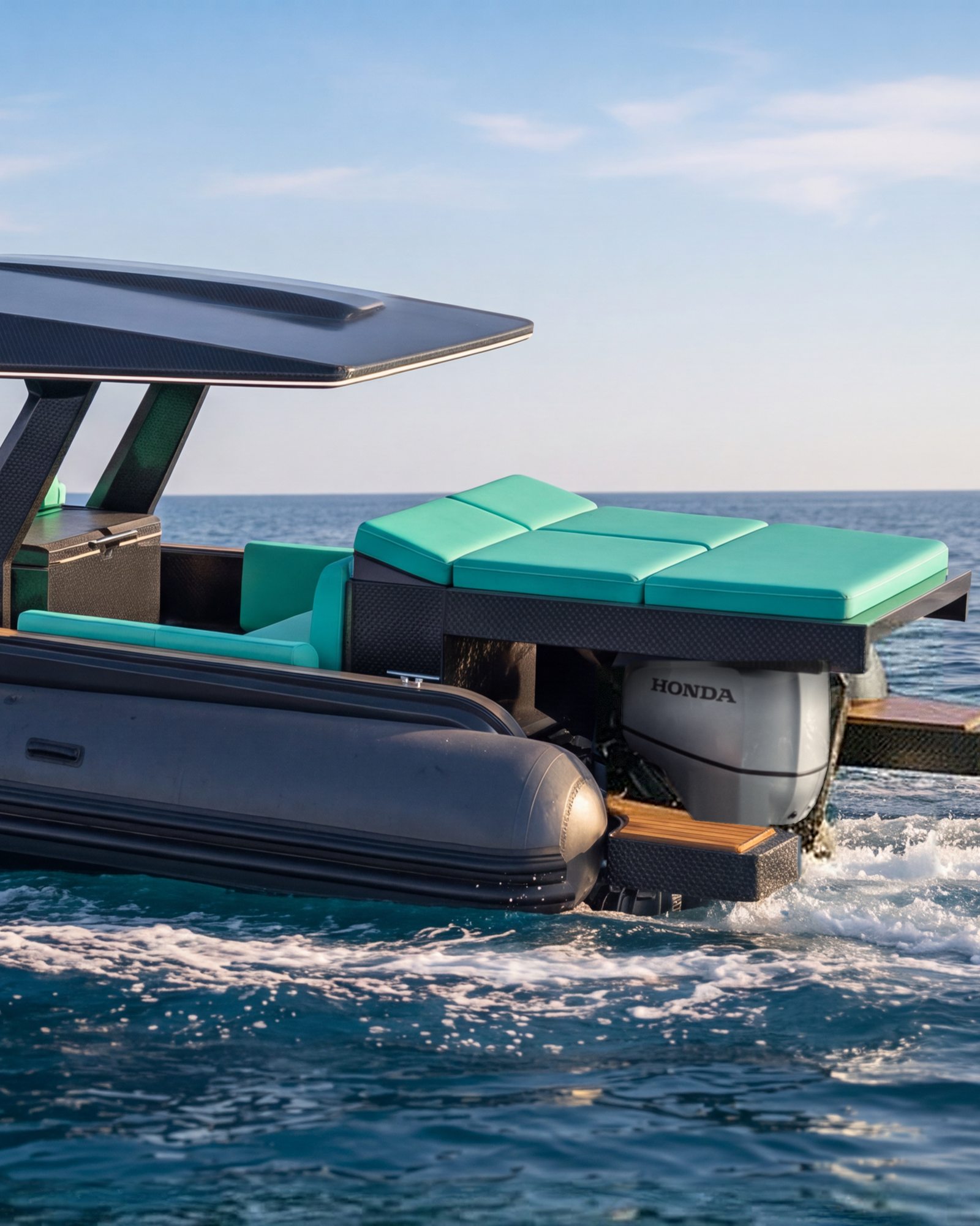Naviglia vision: the stern of the NAVY 9.50 Cabin under way in daylight, with the turquoise sunpad, the black hard-top and, under the sunpad, the silver cowling of a Honda BF350