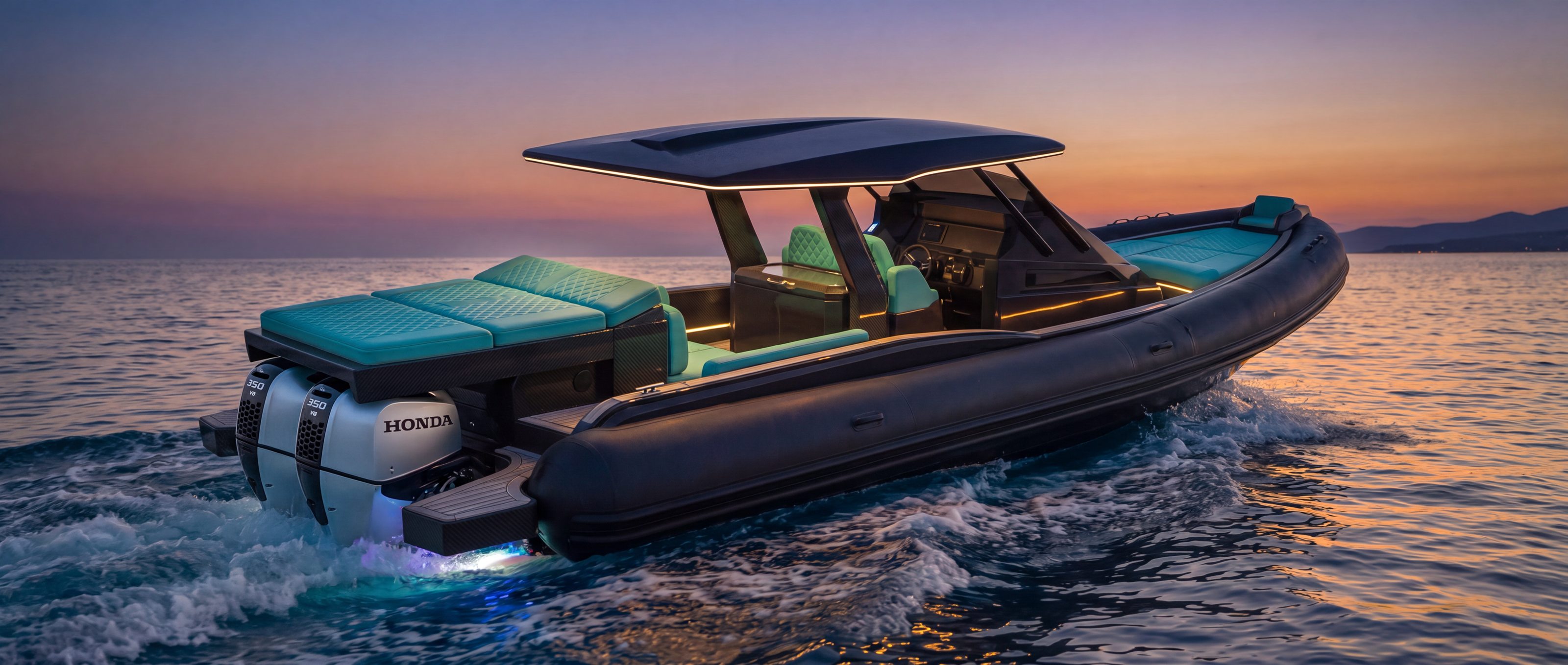 Naviglia vision: the whole new NAVY 9.50 Cabin at sunset, seen three-quarters from the stern, black with turquoise upholstery, twin silver Honda BF350 outboards under the sunpad, the hard-top edged in light and the underwater lights on