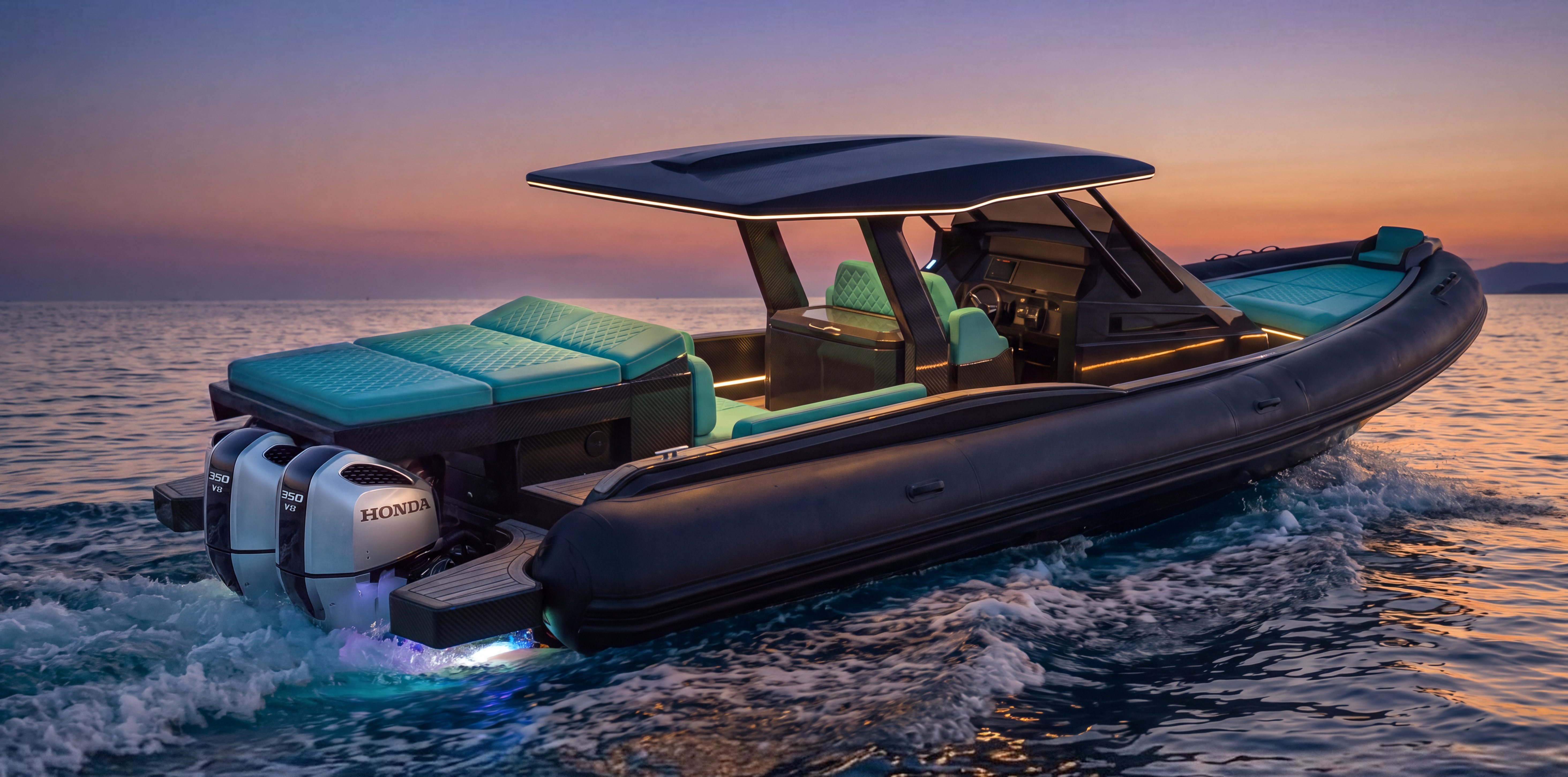 Naviglia vision: the new NAVY 9.50 Cabin under way at sunset, above the waterline, with the turquoise seats and twin silver Honda BF350 outboards