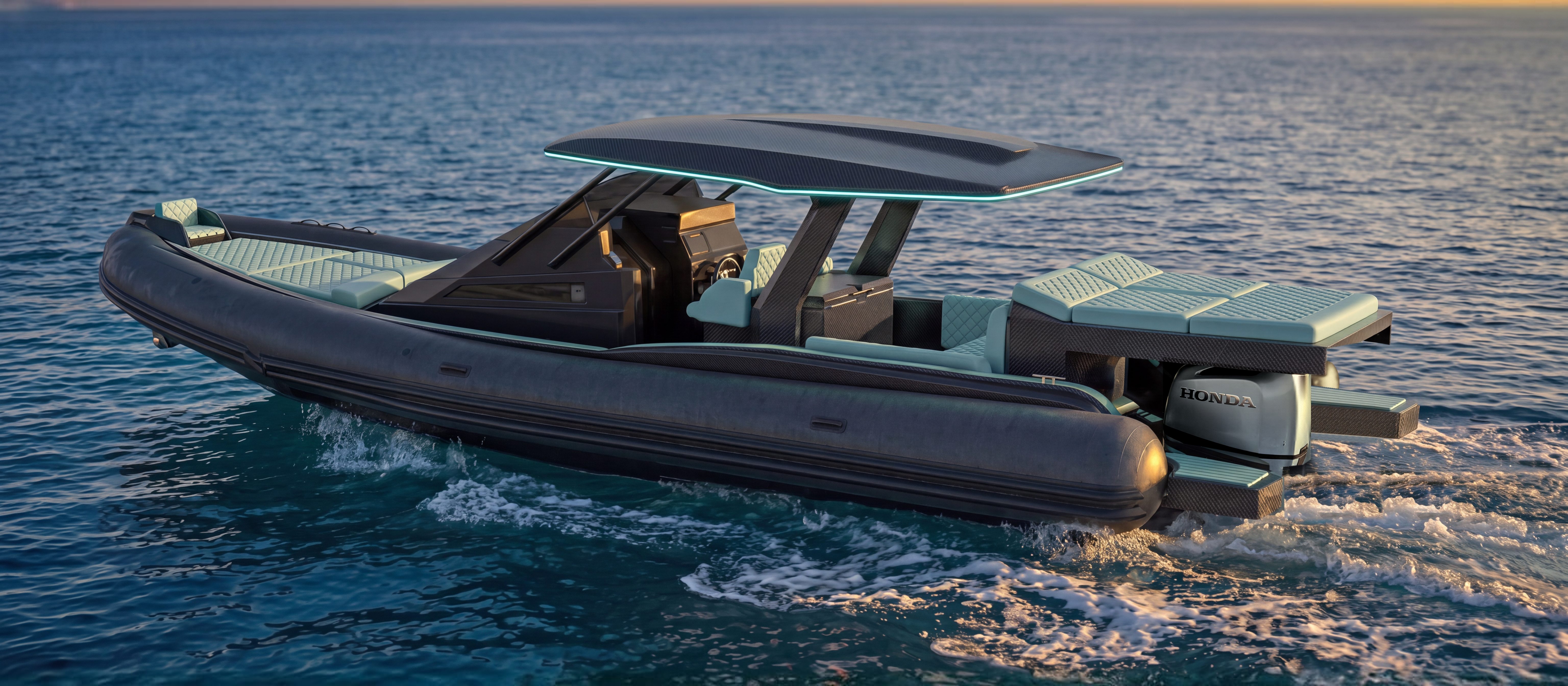 Naviglia vision: the new NAVY 9.50 Cabin at dawn, seen whole and slightly from above, with a turquoise line of light along the hard-top, the quilted chaise longue in the bow and the silver cowling of a Honda BF350 under the aft sunpad
