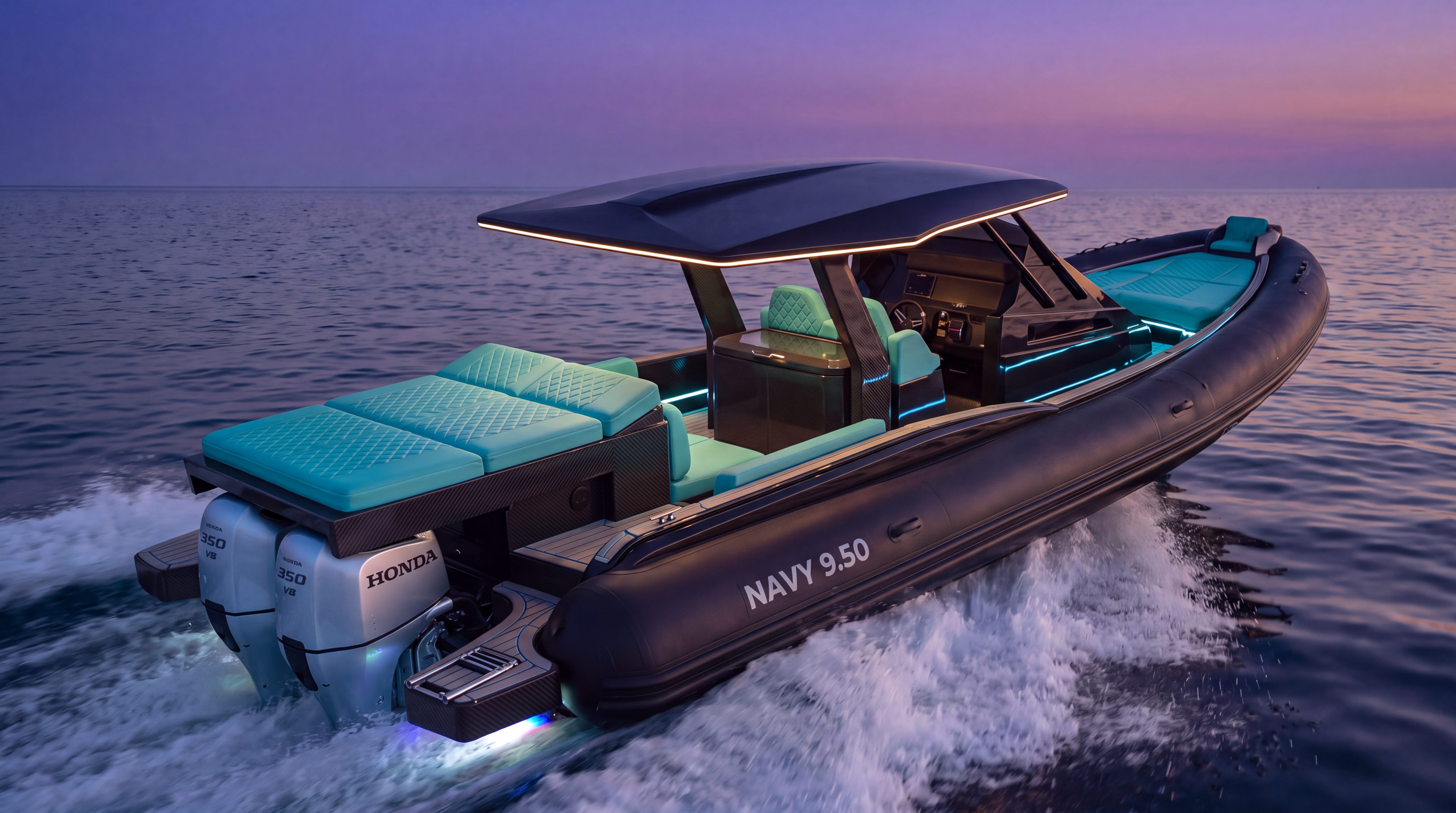 Naviglia vision: the new NAVY 9.50 Cabin under way, black and turquoise, with the carbon hard-top, quilted turquoise upholstery and twin silver Honda BF350 outboards under the aft sunpad