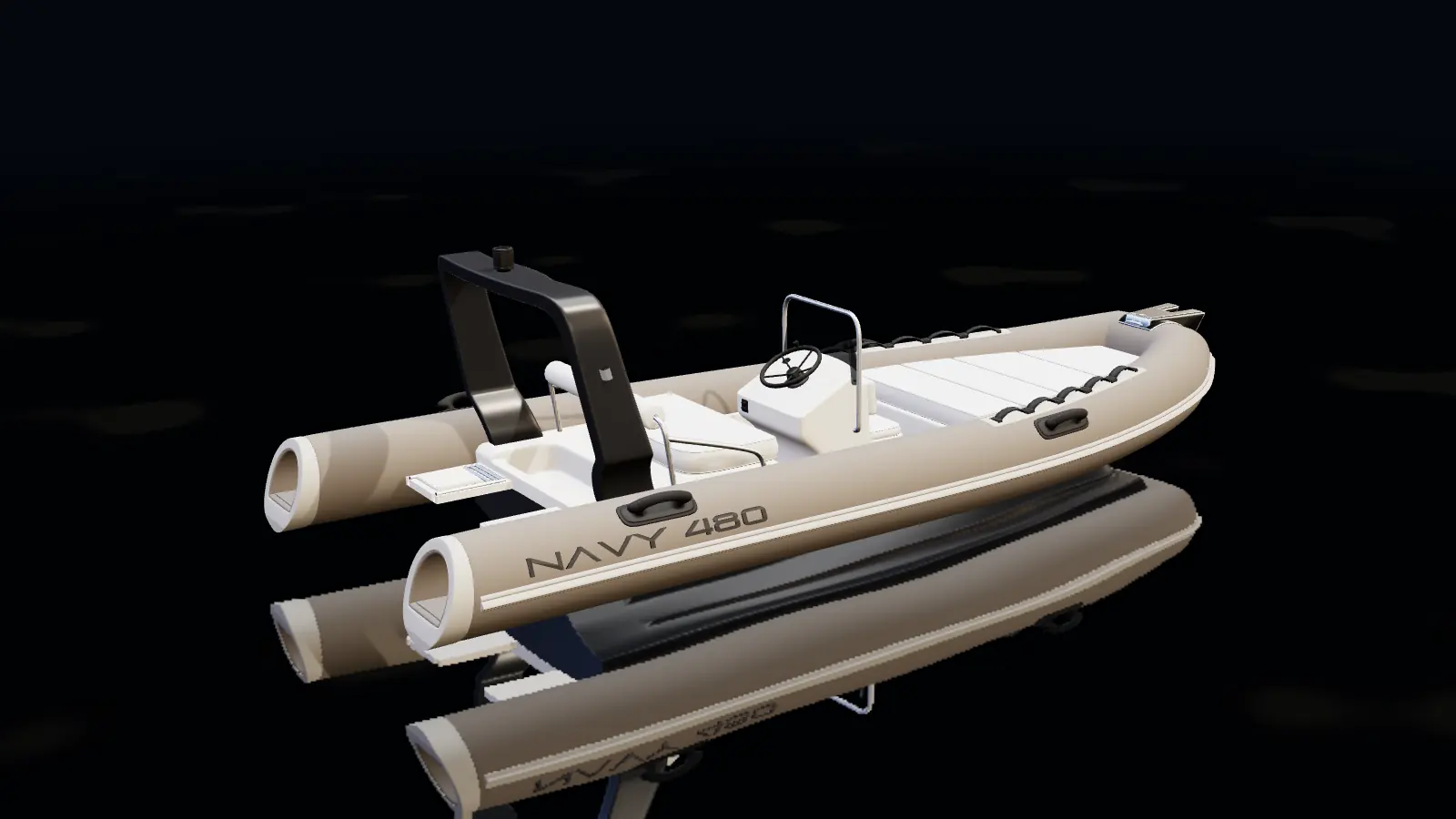 Modello tridimensionale del NAVY 4.80 con tubolari color tortora, consolle centrale e roll-bar, su acqua nera
