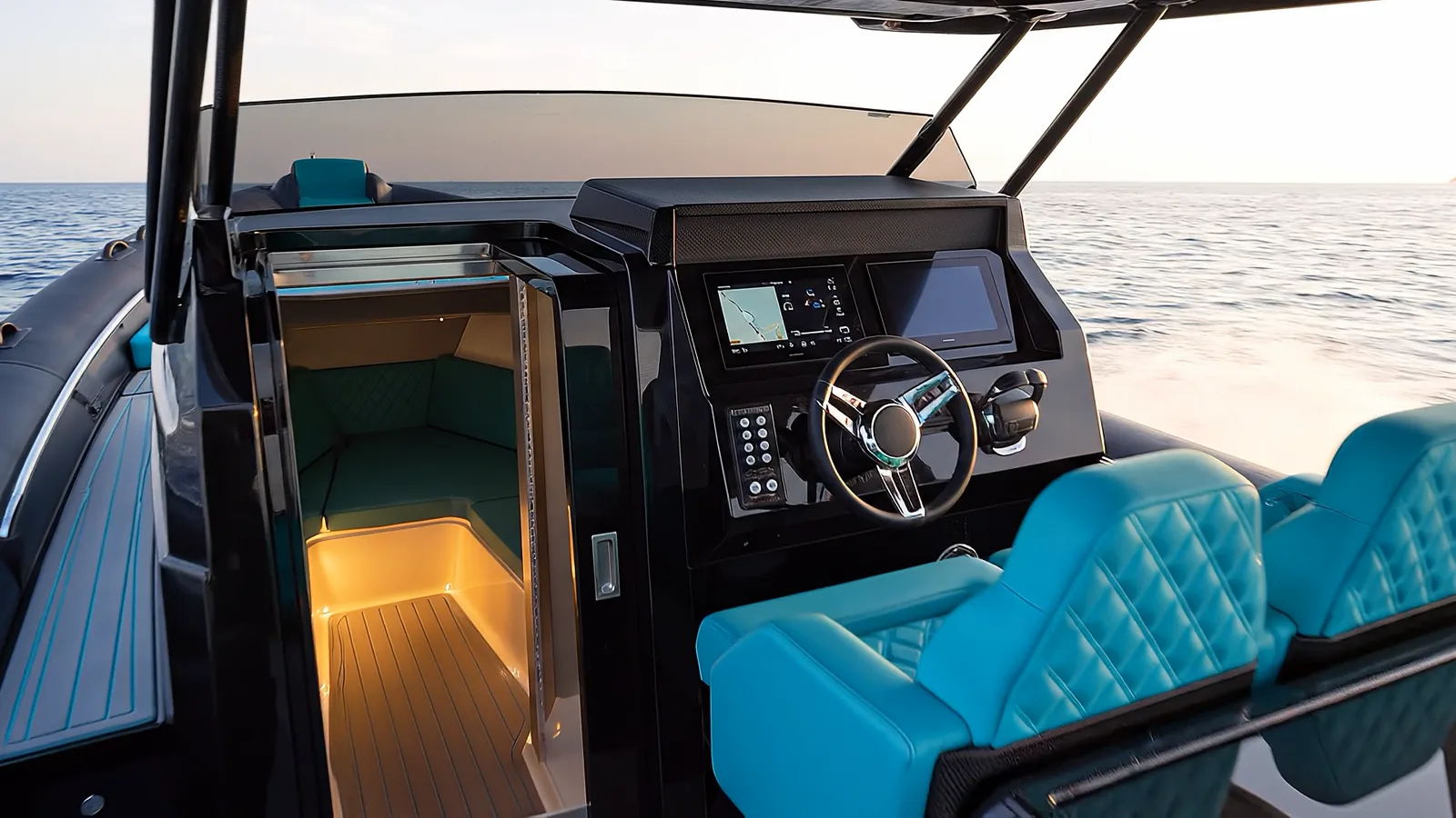 Naviglia vision: the helm of the new NAVY 9.50 Cabin seen from the cockpit, under the carbon hard-top, with the quilted turquoise helm seats, the wheel on the right of the black dashboard and, on the left, the sliding cabin door drawn back, with the light on
